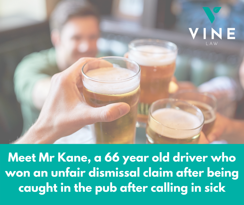 Who won an unfair dismissal claim after being caught in the pub after calling in sick?